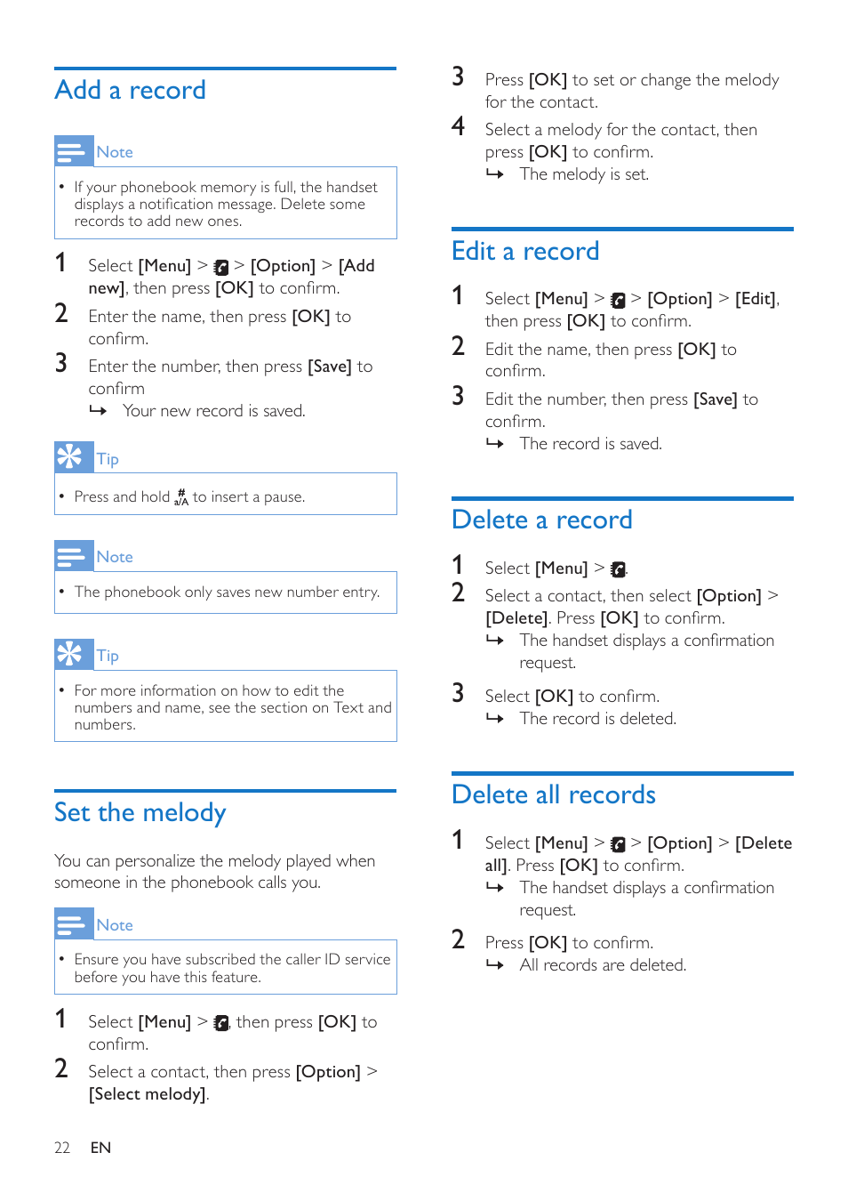 Add a record, Set the melody, Edit a record | Delete a record, Delete all records, Edit a record 1, Delete a record 1, Delete all records 1 | Philips CD485 User Manual | Page 22 / 48