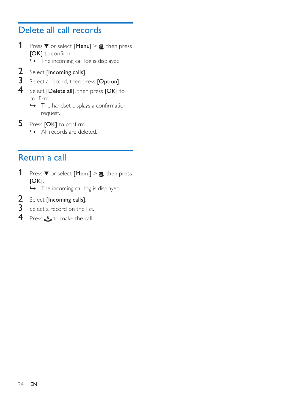 Delete all call records, Return a call, Delete all call records 1 | Return a call 1 | Philips CD485 User Manual | Page 24 / 48