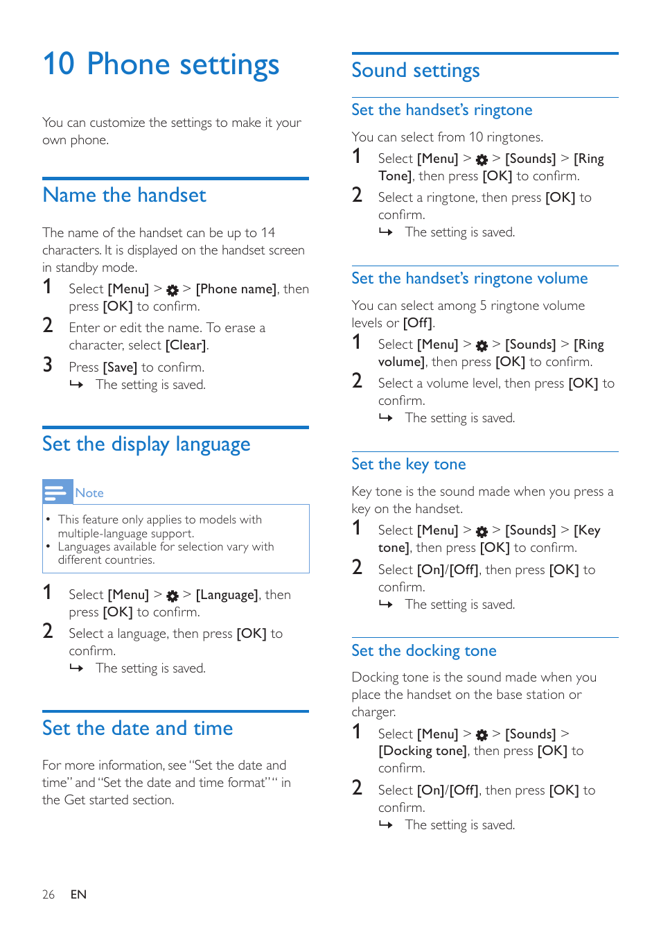 10 phone settings, Name the handset, Set the display language | Set the date and time, Sound settings, Set the handset’s ringtone, Set the handset’s ringtone volume, Set the key tone, Set the docking tone | Philips CD485 User Manual | Page 26 / 48