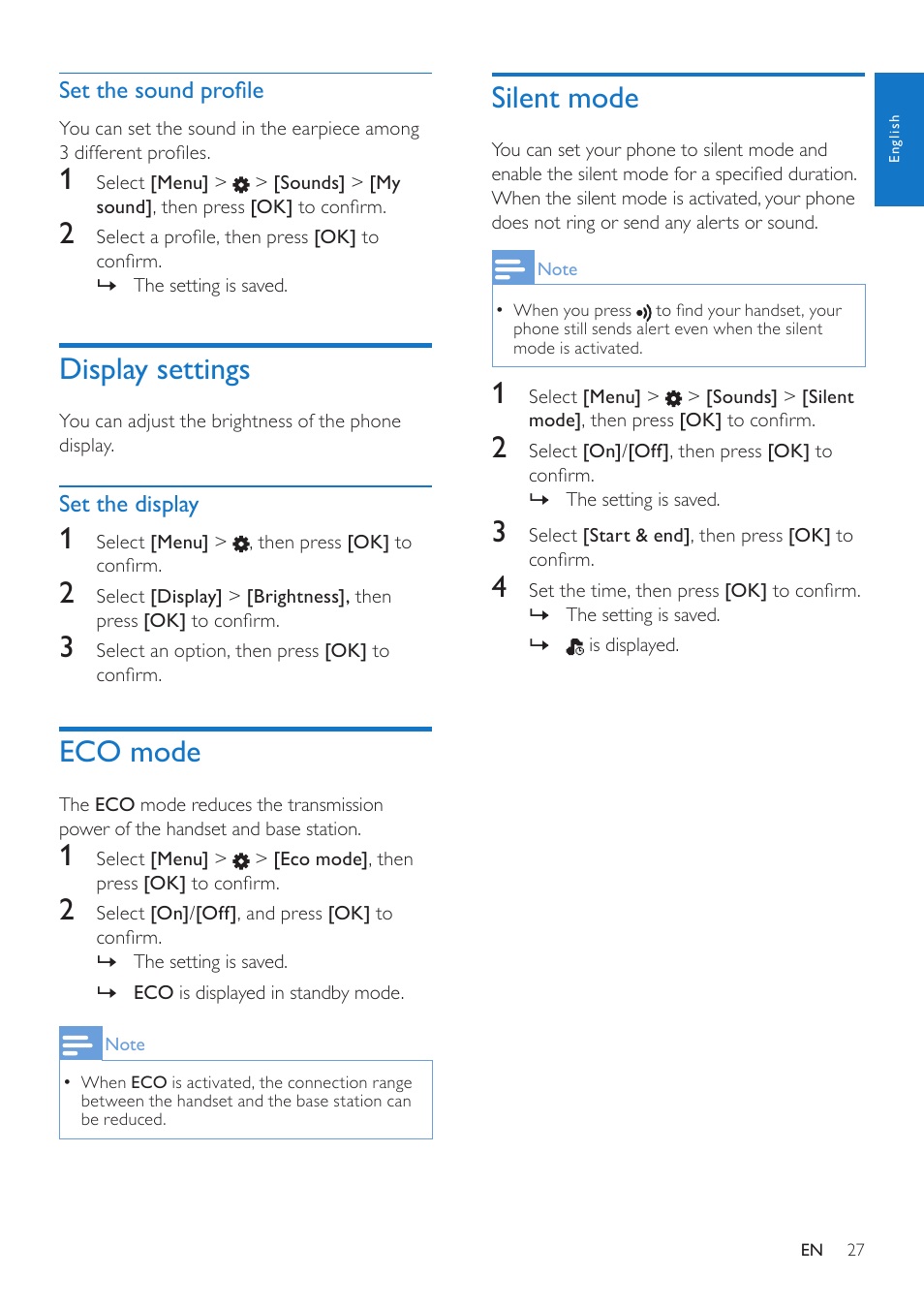 Set the sound profile, Display settings, Set the display | Eco mode, Silent mode | Philips CD485 User Manual | Page 27 / 48