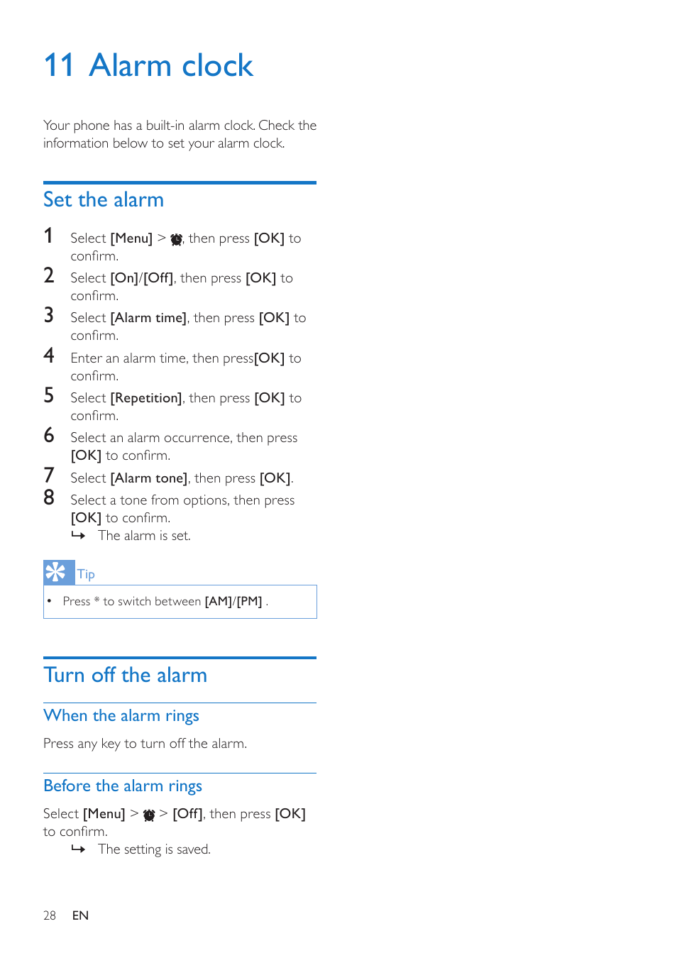 11 alarm clock, Set the alarm, Turn off the alarm | When the alarm rings, Before the alarm rings, Set the alarm 1 | Philips CD485 User Manual | Page 28 / 48