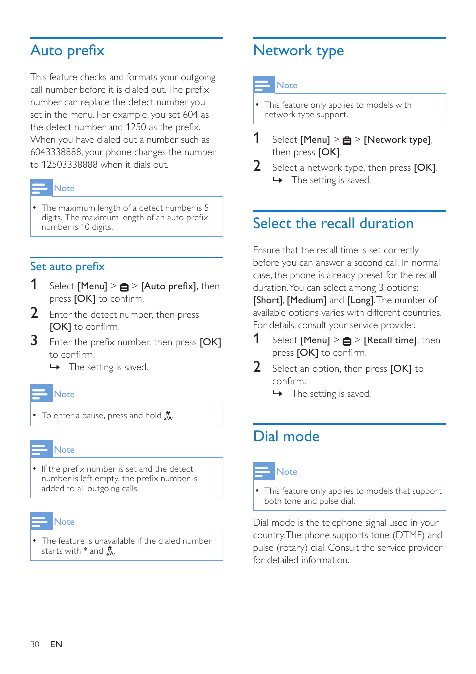 Auto prefix, Set auto prefix, Network type | Select the recall duration, Dial mode | Philips CD485 User Manual | Page 30 / 48