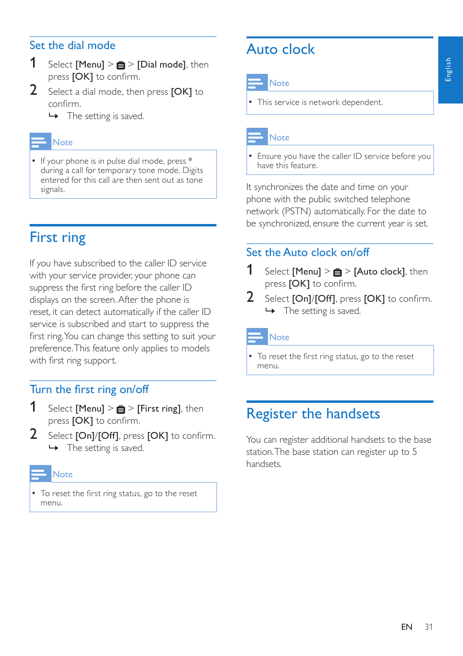 Set the dial mode, First ring, Turn the first ring on/off | Auto clock, Set the auto clock on/off, Register the handsets | Philips CD485 User Manual | Page 31 / 48