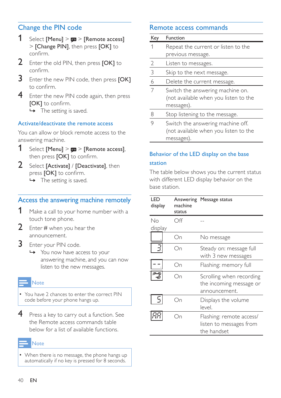 Change the pin code, Access the answering machine remotely, Remote access commands | Philips CD485 User Manual | Page 40 / 48