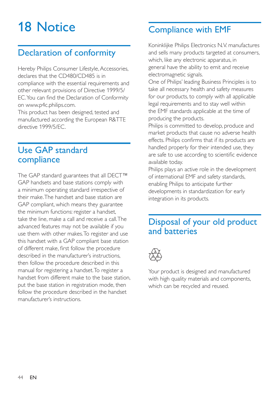 18 notice, Declaration of conformity, Use gap standard compliance | Compliance with emf, Disposal of your old product and batteries | Philips CD485 User Manual | Page 44 / 48