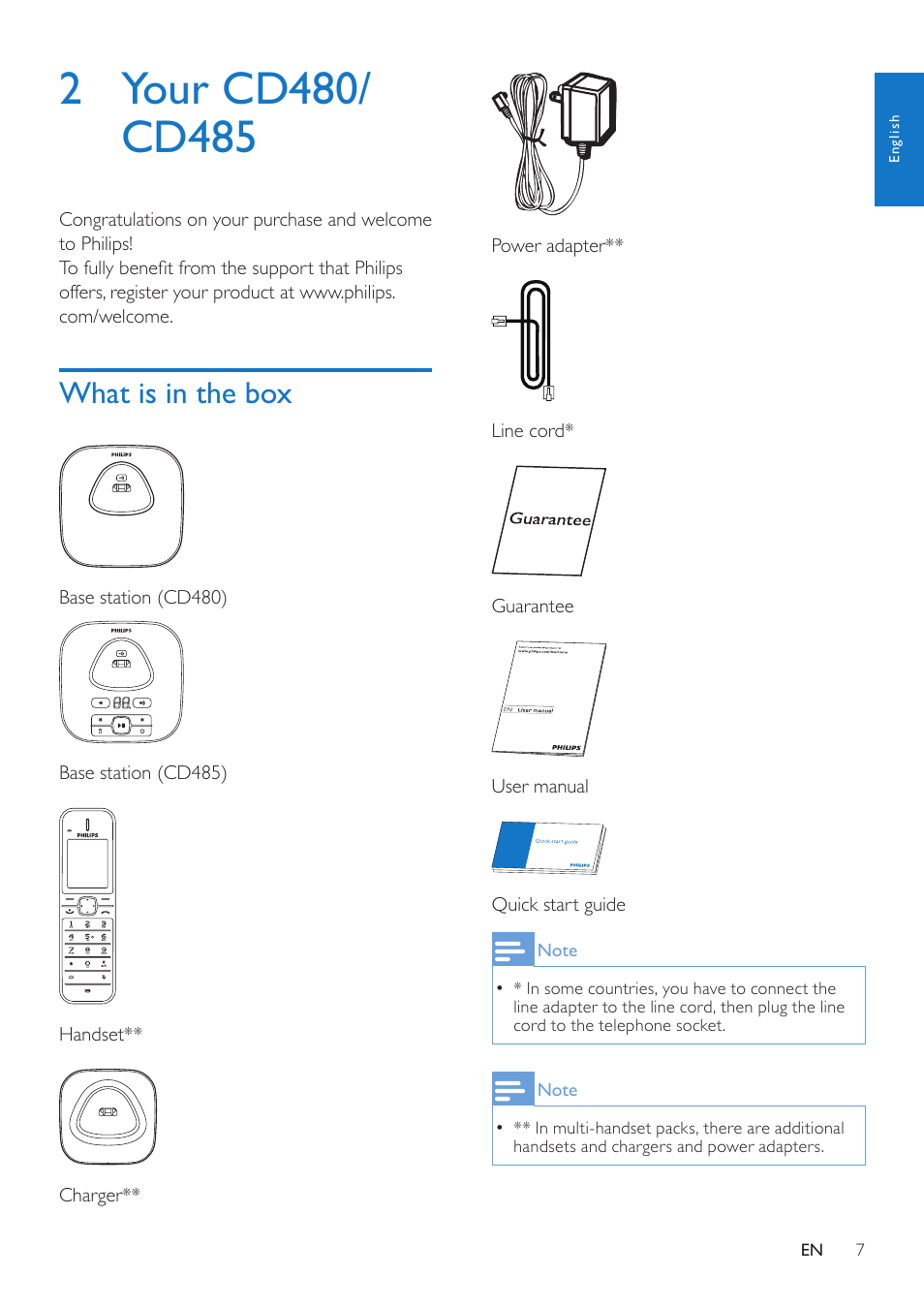 2 your cd480/cd485, What is in the box | Philips CD485 User Manual | Page 7 / 48