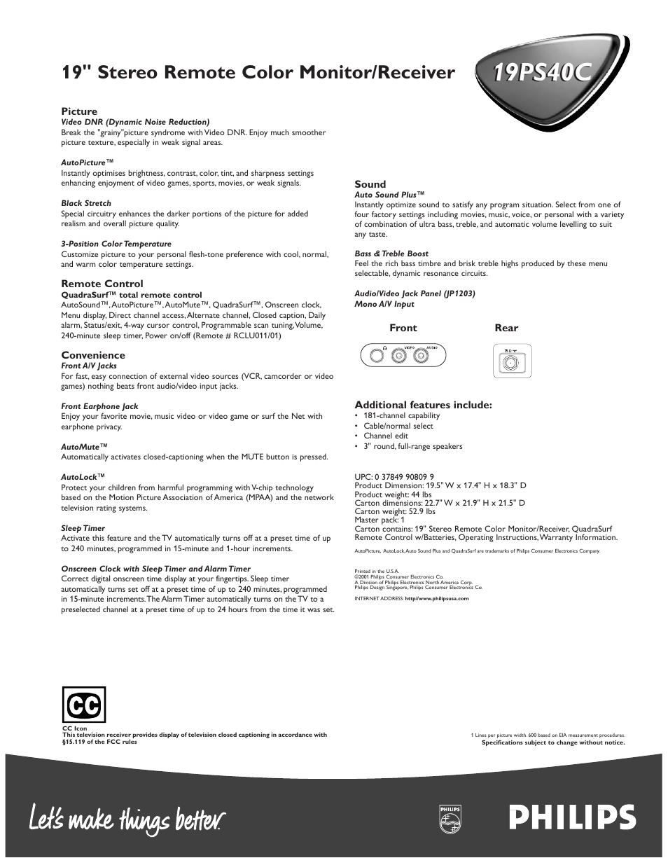 19ps40c, 19" stereo remote color monitor/receiver | Philips 19PS40C User Manual | Page 2 / 2
