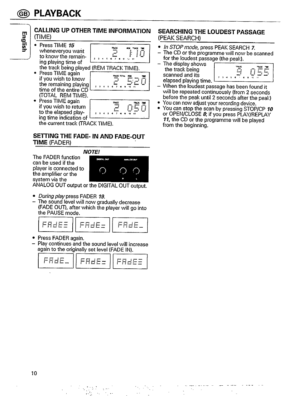 Calling up other time information, Setting the fade- in and fade-out time (fader), Searching the loudest passage | Playback, H n d, 1 ^ t—. p* ^ r4, Time), Fader), Peak search) | Philips CD 911 User Manual | Page 10 / 20