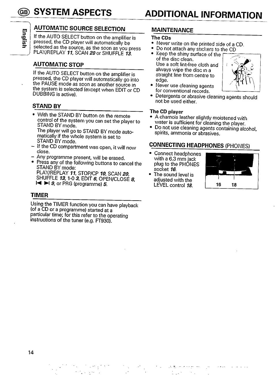 Additional information, Automatic source selection, Automatic stop | Stand by, Timer, Maintenance, The cds, The cd player, Connecting headphones (phones), Standby | Philips CD 911 User Manual | Page 14 / 20