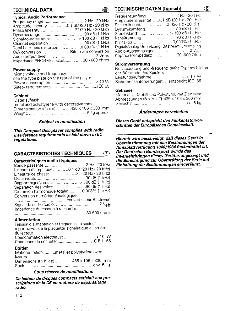 Typical audio performance, Power supply, Cabinet | Caracteristiques techniques (t), Boîtier, Stromversorgung, Gehäuse | Philips CD 911 User Manual | Page 16 / 20