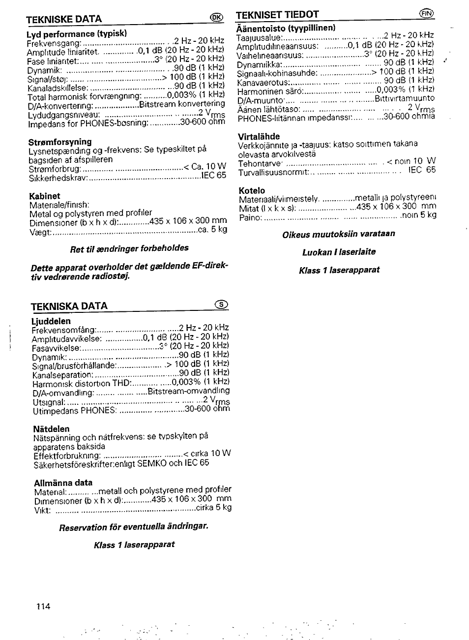 Stremforsyning, Kabinet, Virtalâhde | Kotelo, Ljuddelen, Natdelen, Allmanna data | Philips CD 911 User Manual | Page 18 / 20