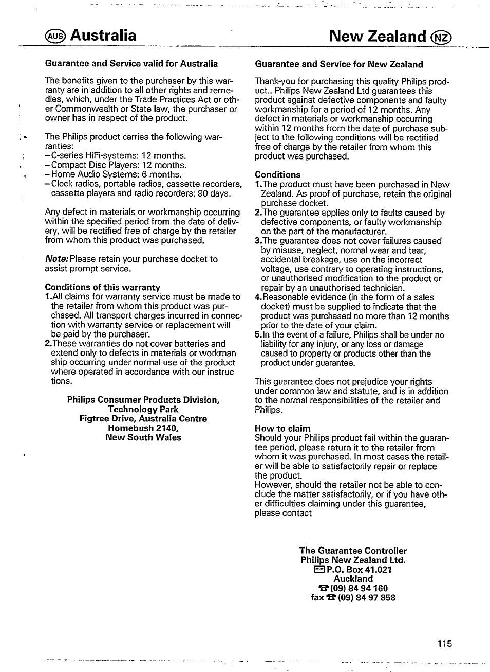 Guarantee and service valid for australia, Conditions of this warranty, Guarantee and service for new zeaiand | Conditions, Howto claim, Connections, Australia new zealand | Philips CD 911 User Manual | Page 19 / 20