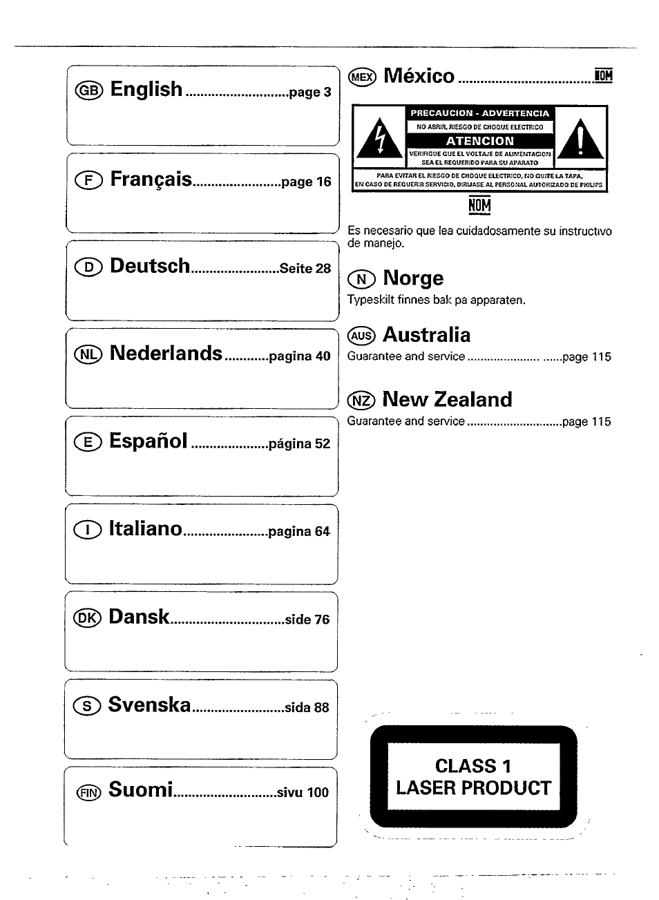 México !ш, Norge, English | T) français, Cd deutsch, México.........................!ш, D nederlands, Cd español, Cd italiano, Australia | Philips CD 911 User Manual | Page 2 / 20