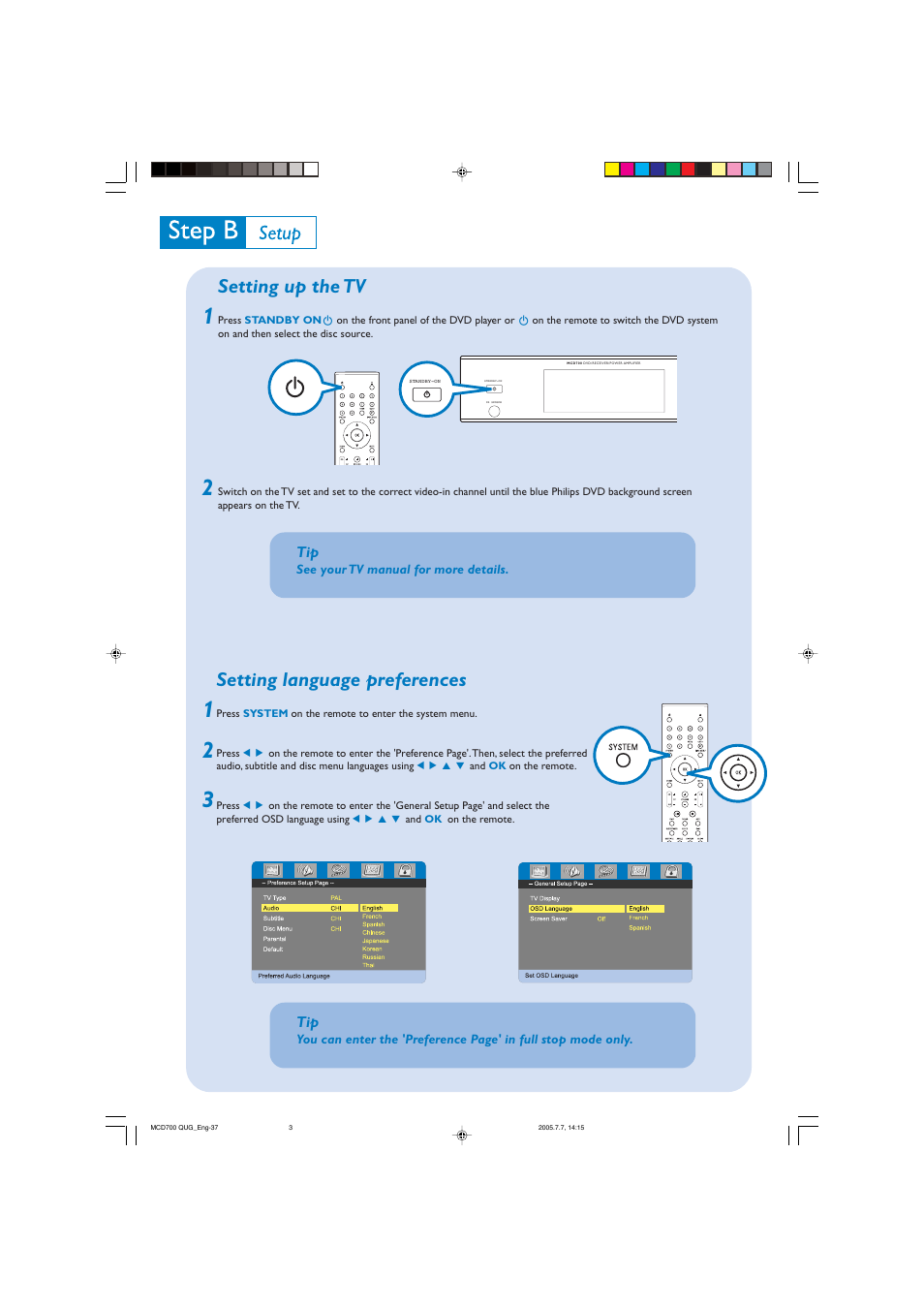 Setting up the tv, Setting language preferences | Philips MCD 700 User Manual | Page 3 / 4