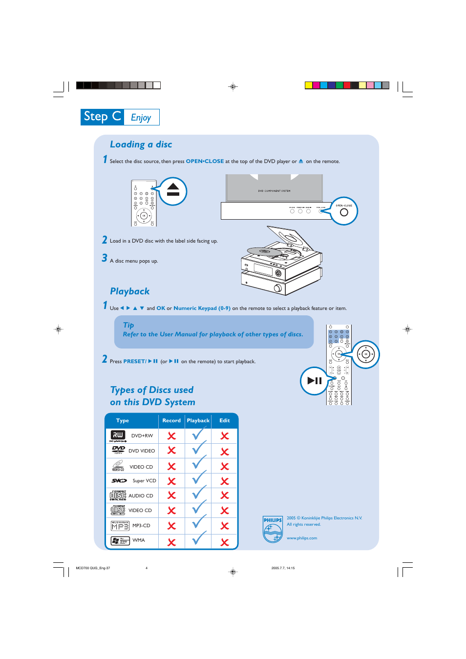 Loading a disc, Playback, Types of discs used on this dvd system | Philips MCD 700 User Manual | Page 4 / 4