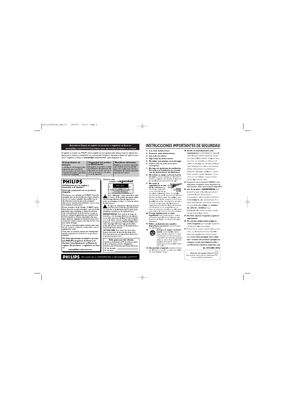 Instrucciones importantes de seguridad | Philips AJL308/17 User Manual | Page 2 / 9