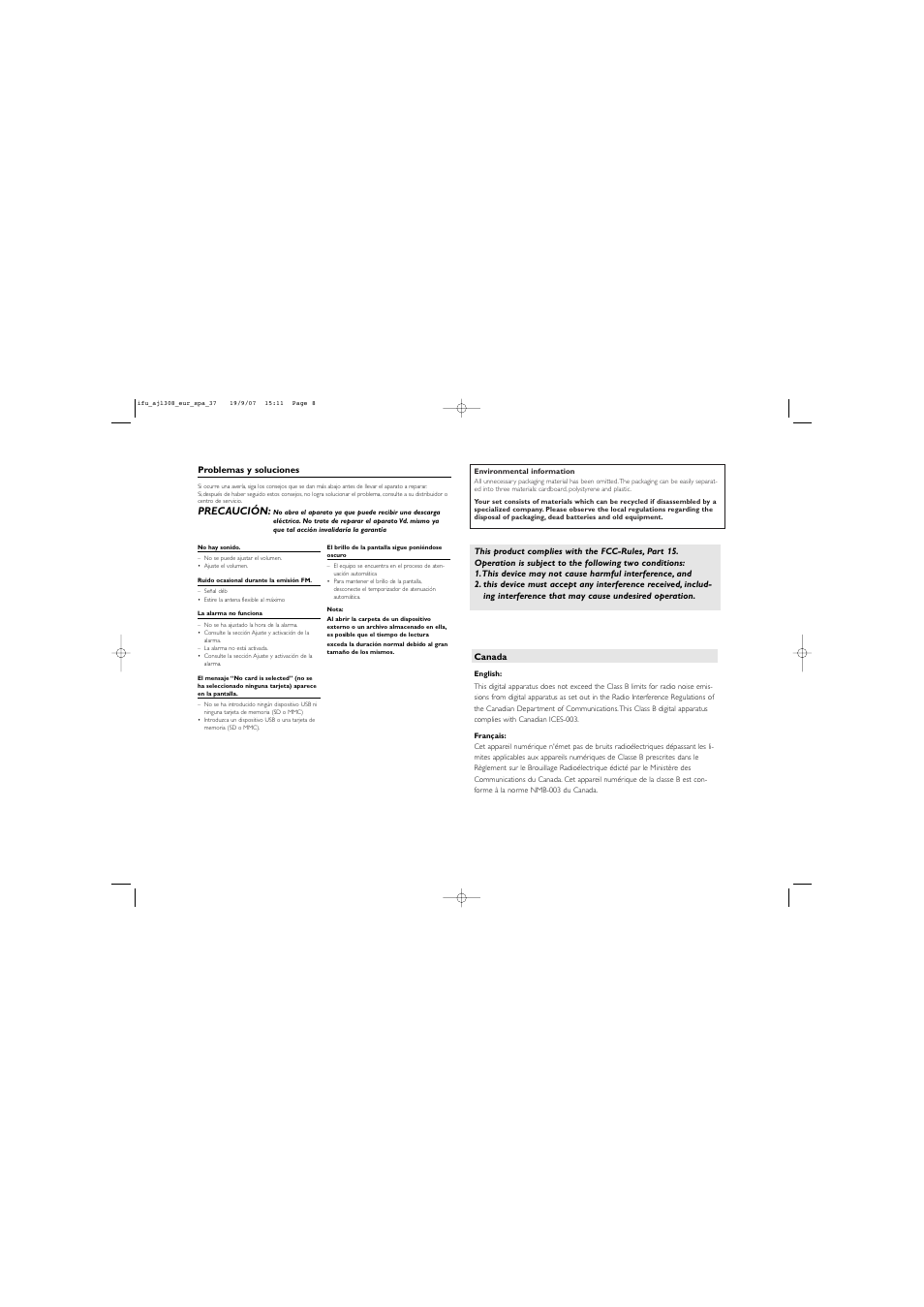 Precaución | Philips AJL308/17 User Manual | Page 8 / 9