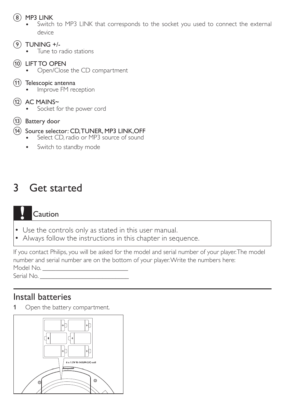 3 get started, Install batteries | Philips AZ1046/12 User Manual | Page 7 / 14