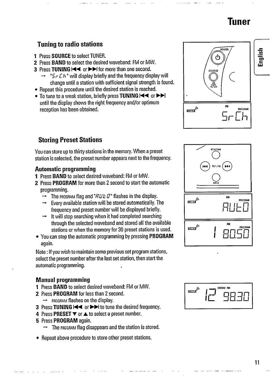 Tuner, Tuning to radio stations, Storing preset stations | Philips AZ3705 User Manual | Page 11 / 21