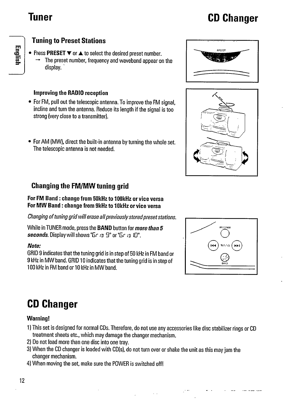 Improving the radio reception, Cd changer, Warning | Tuner cd changer, Tuning to preset stations, Changing the fm/mw tuning grid | Philips AZ3705 User Manual | Page 12 / 21