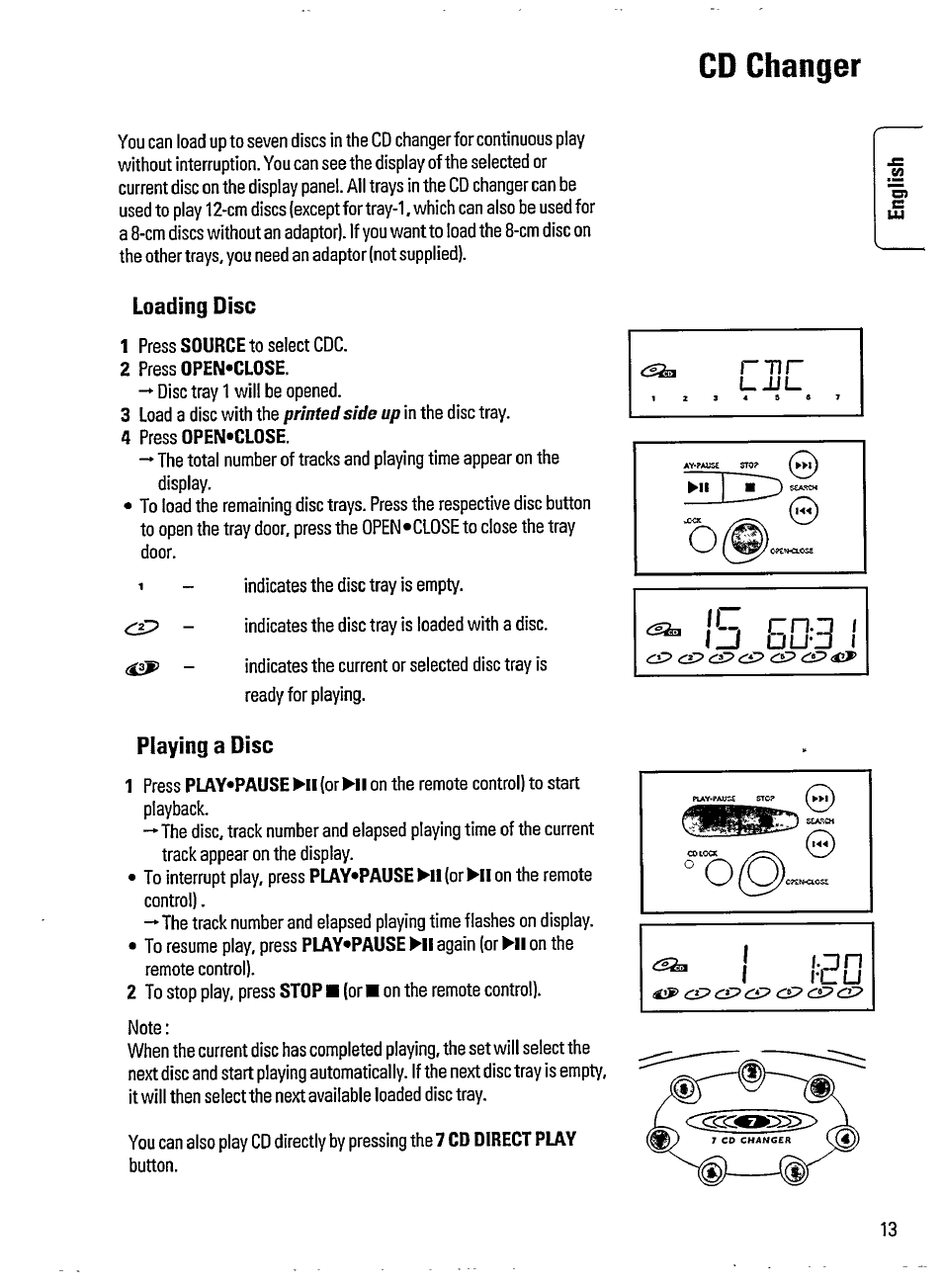 2 press open*close, 4 press open'close, Cd changer | Loading disc, Playing a disc | Philips AZ3705 User Manual | Page 13 / 21