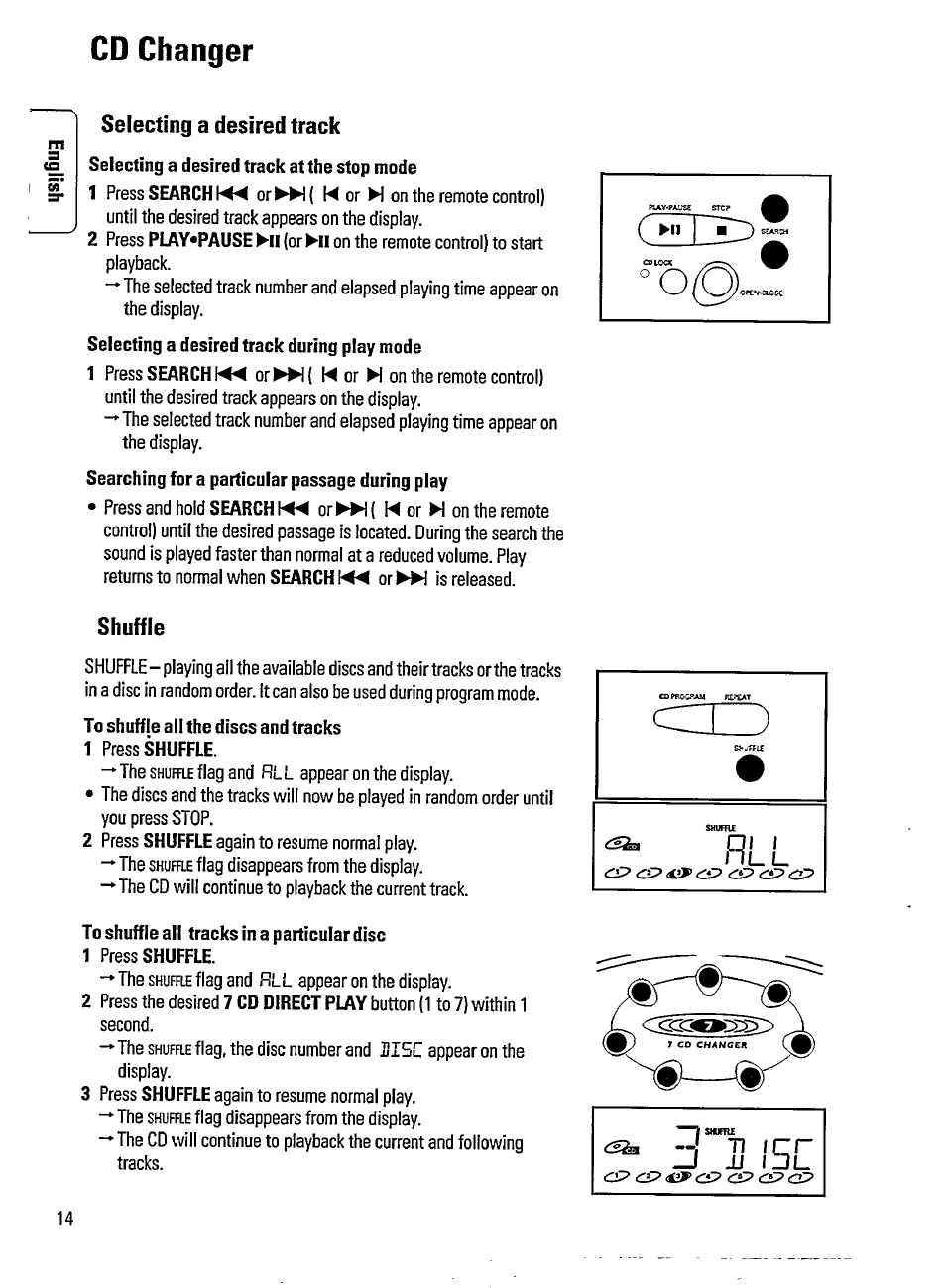 Selecting a desired track at the stop mode, To shuffle all the discs and tracks, To shuffle all tracks in a particular disc | Cd changer, H l l, Selecting a desired track, Shuffle | Philips AZ3705 User Manual | Page 14 / 21