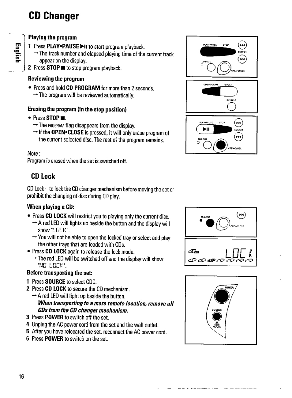 Playing the program, Erasing the program (in the stop position), Cd changer | Cd lock | Philips AZ3705 User Manual | Page 16 / 21