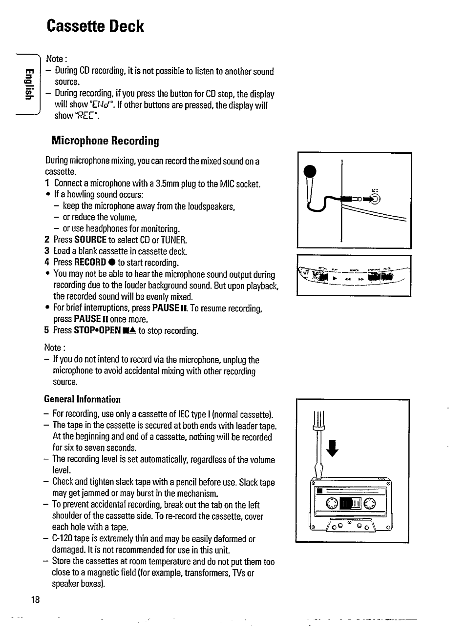 Cassette deck, General information, Microphone recording | Philips AZ3705 User Manual | Page 18 / 21