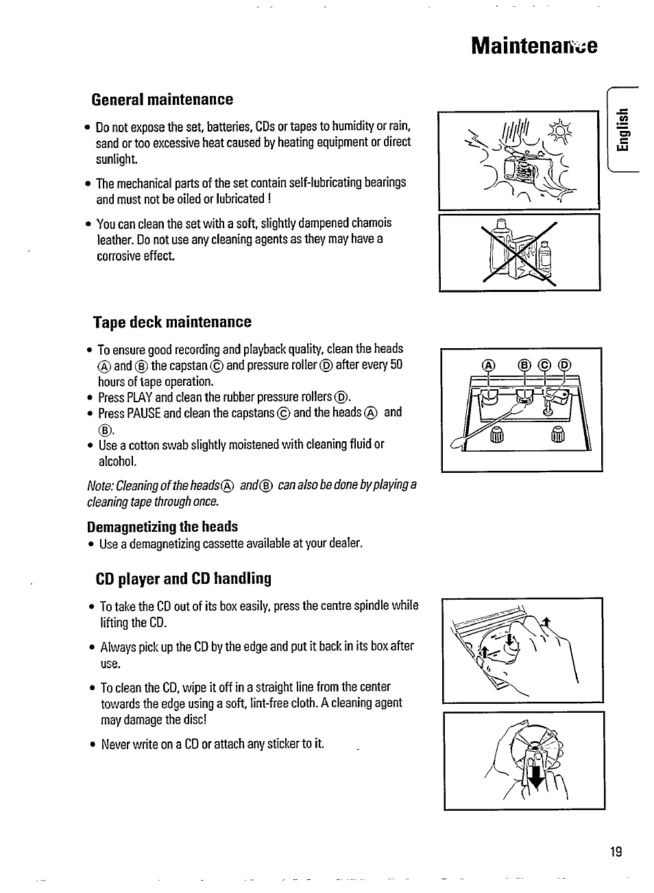 Maintenarìi;e, General maintenance, Tape deck maintenance | Cd player and cd handling | Philips AZ3705 User Manual | Page 19 / 21