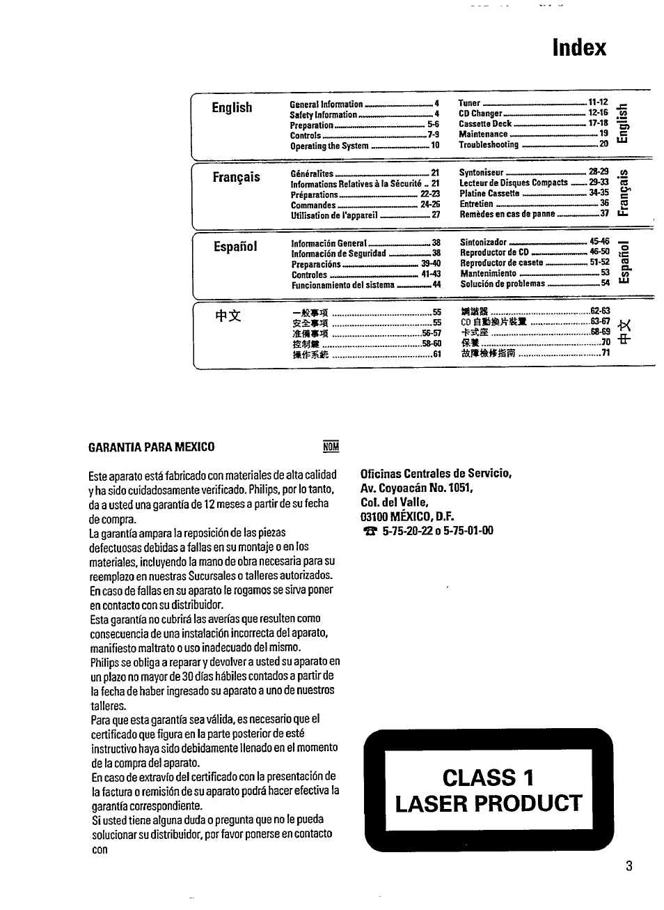 Index | Philips AZ3705 User Manual | Page 3 / 21