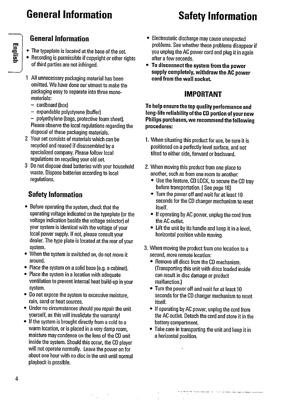 General information safety information, General information, Safety information | Important | Philips AZ3705 User Manual | Page 4 / 21