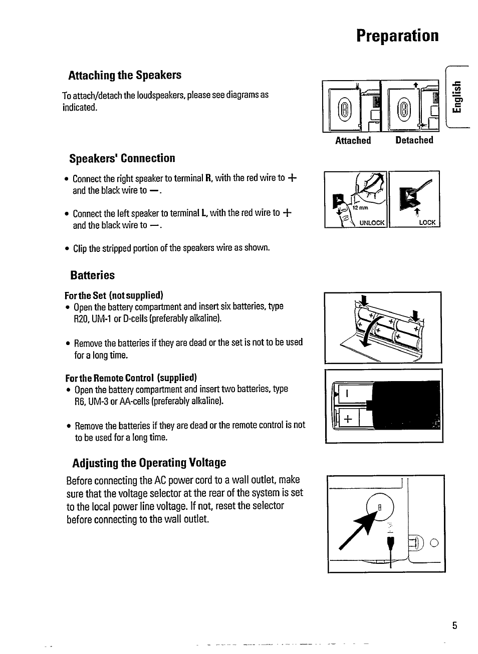 Preparation, Forthe remote control (supplied), Attaching the speakers | Speakers' connection, Batteries, Adjusting the operating voltage | Philips AZ3705 User Manual | Page 5 / 21