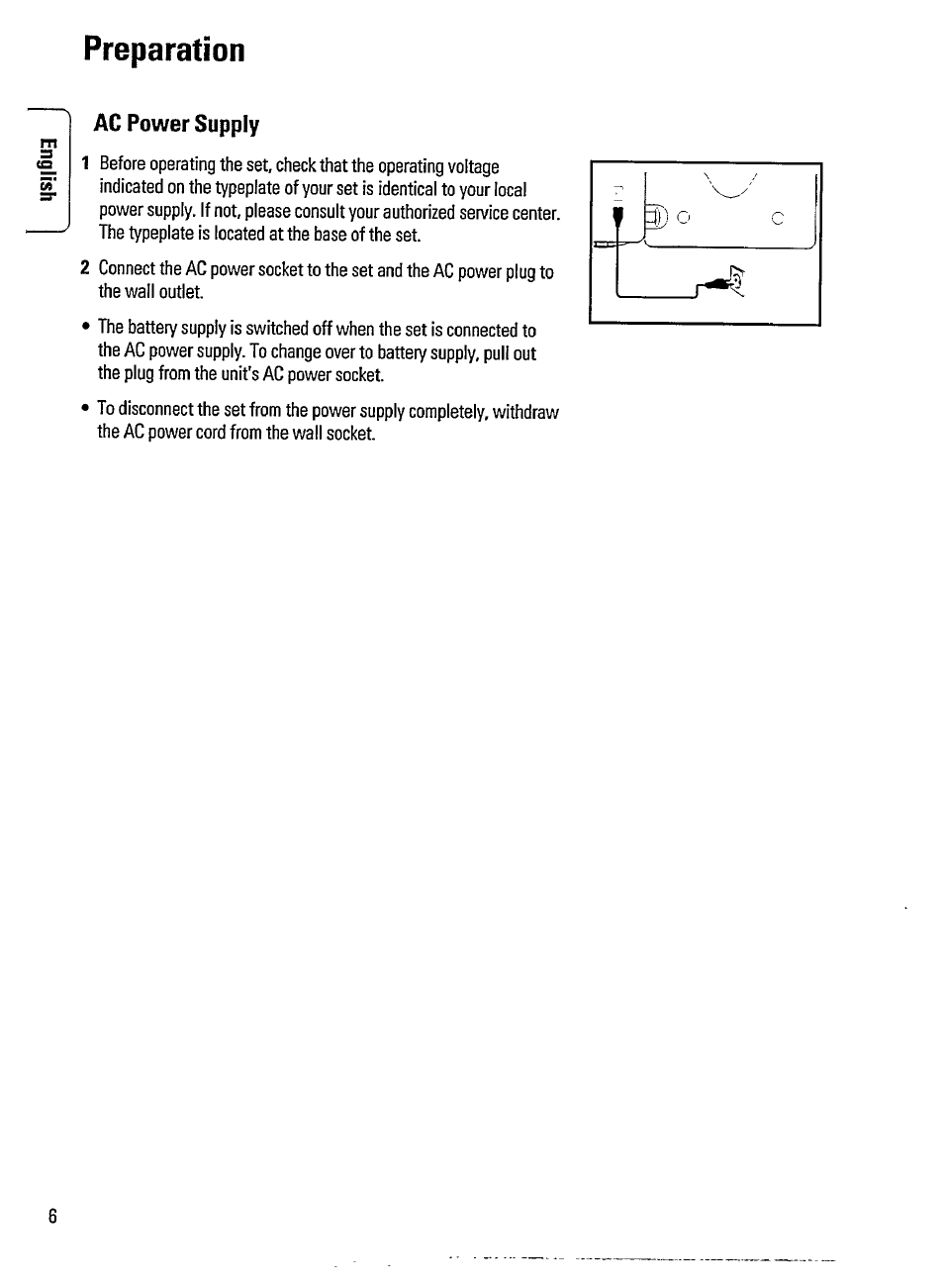 Preparation, Ac power supply | Philips AZ3705 User Manual | Page 6 / 21