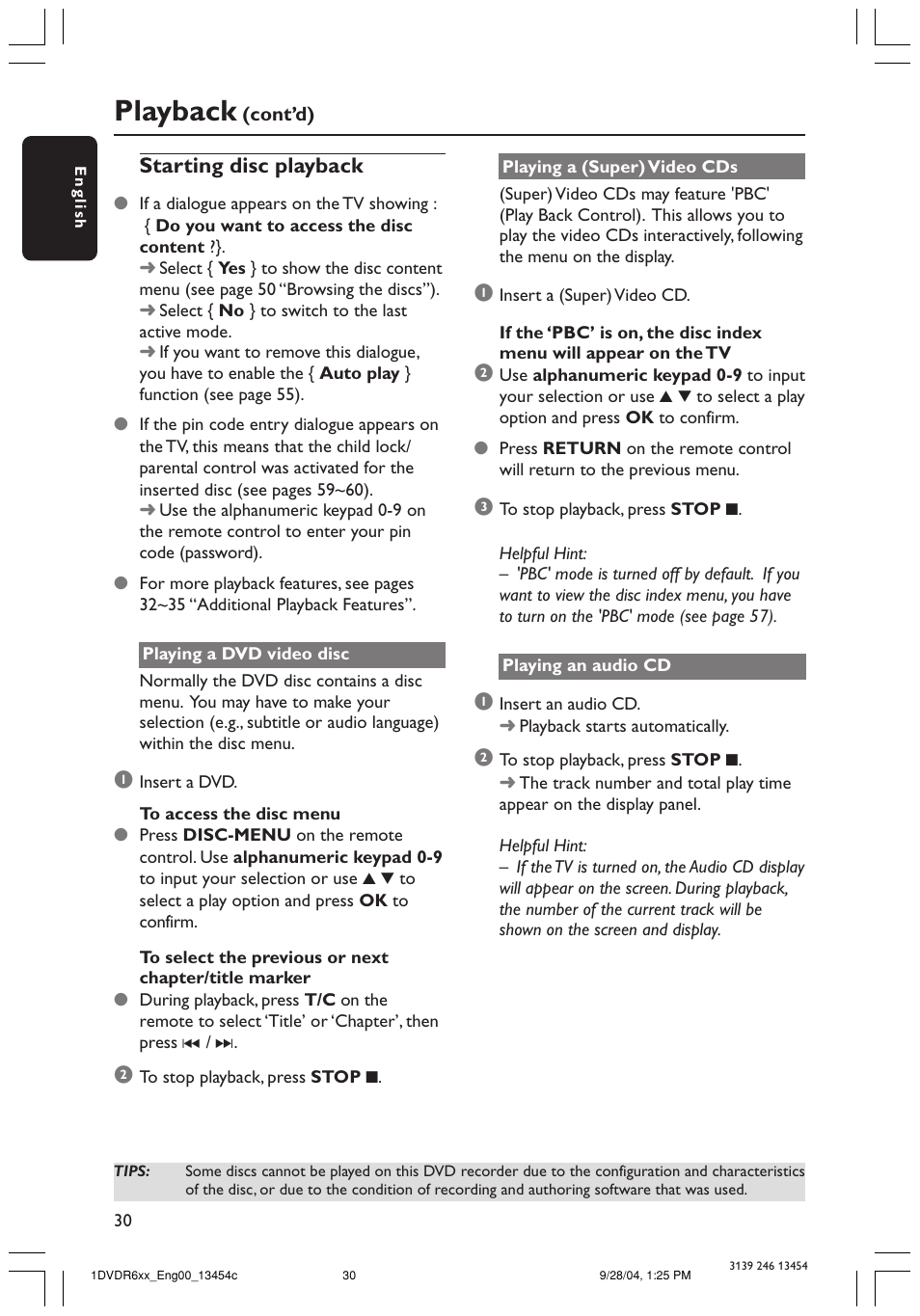 Playback, Starting disc playback | Philips ShowView DVDR612/97 User Manual | Page 32 / 74