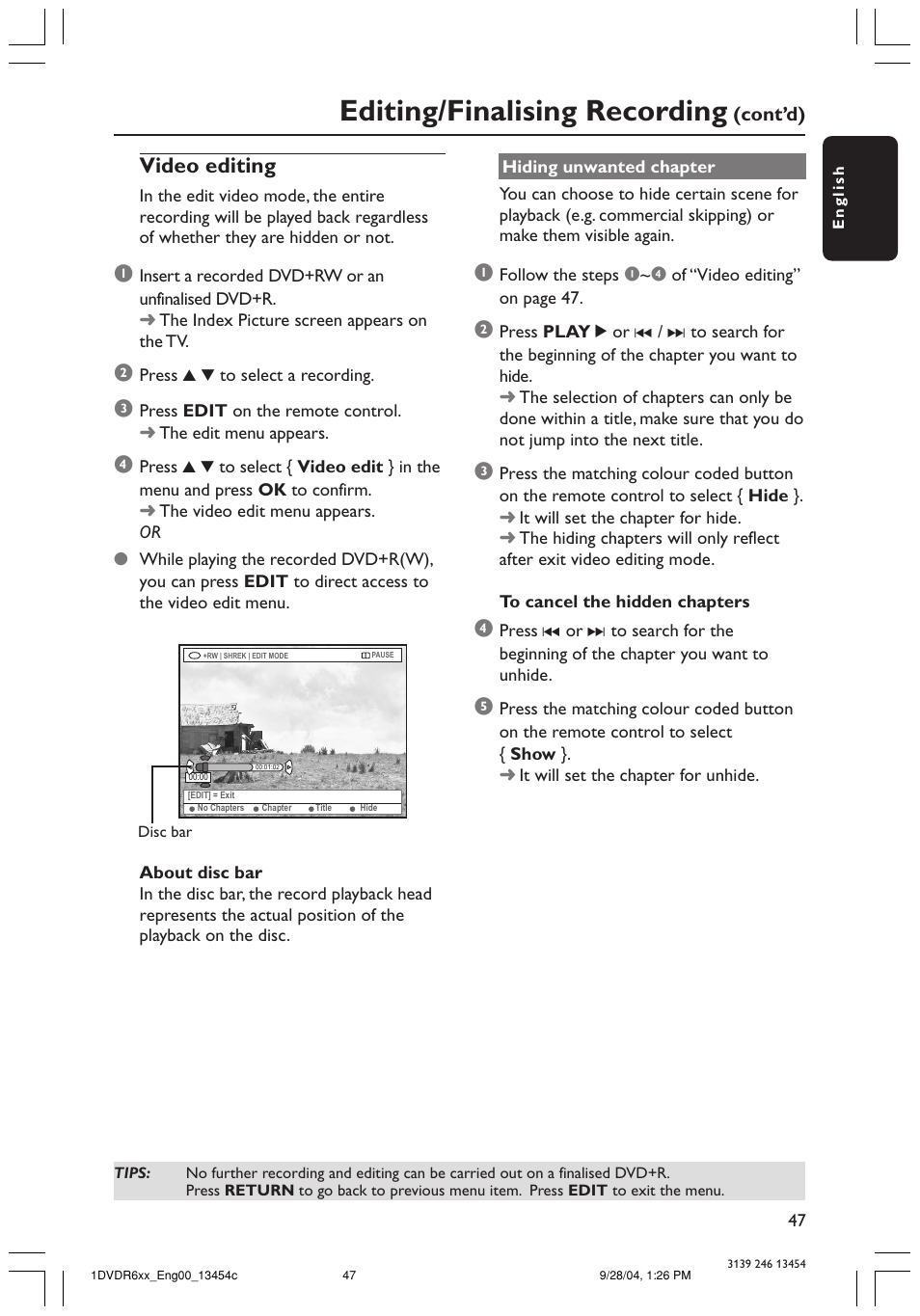 Editing/finalising recording, Video editing | Philips ShowView DVDR612/97 User Manual | Page 49 / 74