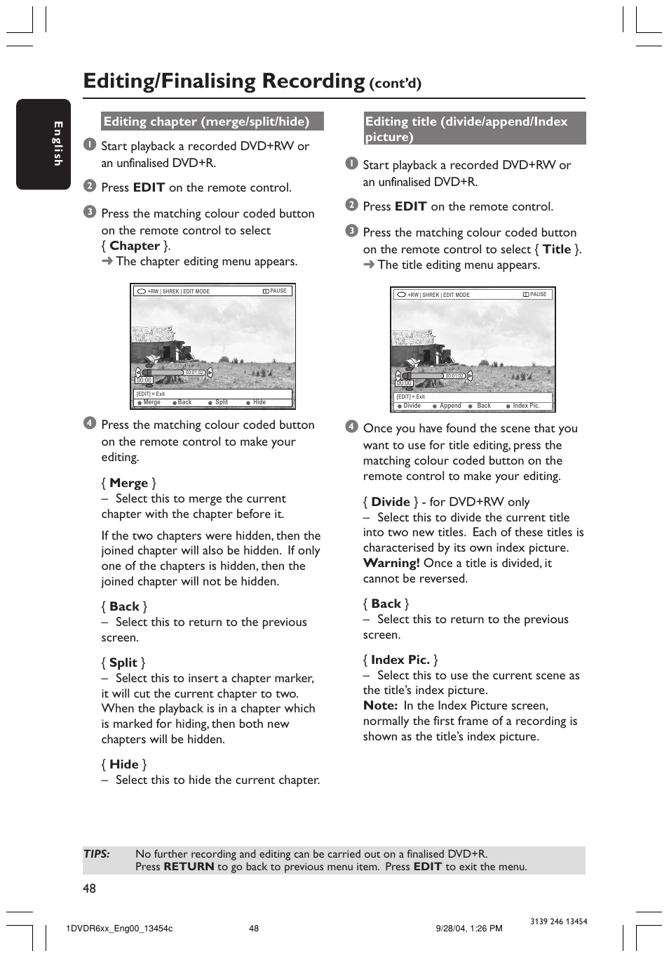 Editing/finalising recording, Cont’d) | Philips ShowView DVDR612/97 User Manual | Page 50 / 74