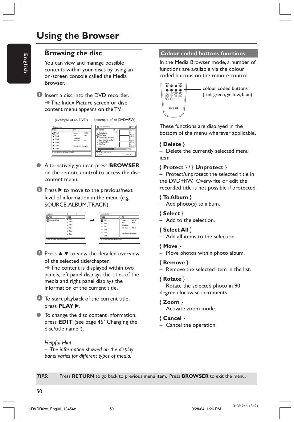 Using the browser, Browsing the disc, English | Philips ShowView DVDR612/97 User Manual | Page 52 / 74