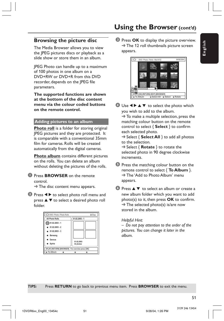 Using the browser, Browsing the picture disc, Cont’d) | Philips ShowView DVDR612/97 User Manual | Page 53 / 74