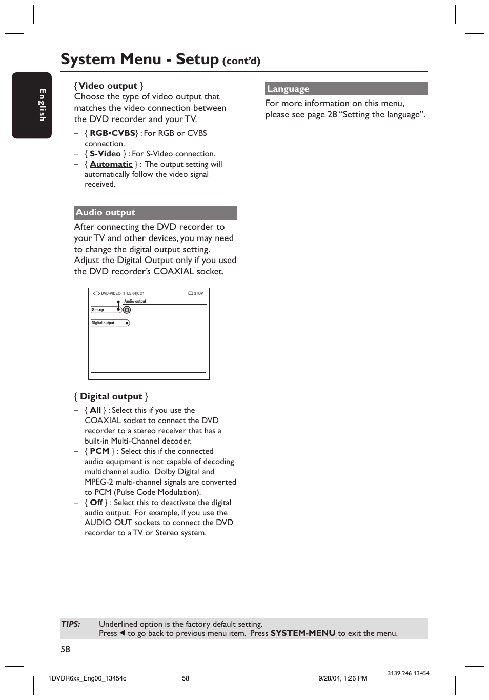 System menu - setup, Cont’d) | Philips ShowView DVDR612/97 User Manual | Page 60 / 74