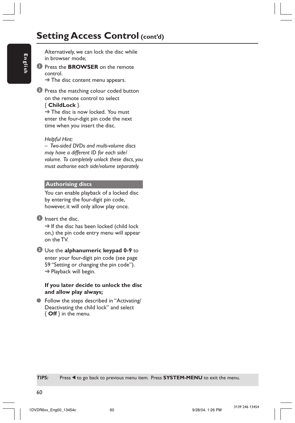 Setting access control | Philips ShowView DVDR612/97 User Manual | Page 62 / 74