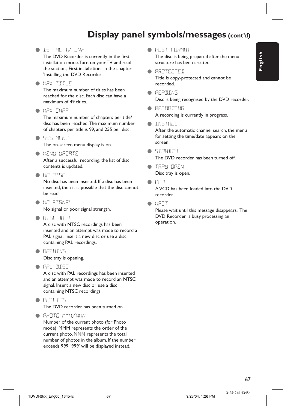 Display panel symbols/messages | Philips ShowView DVDR612/97 User Manual | Page 69 / 74