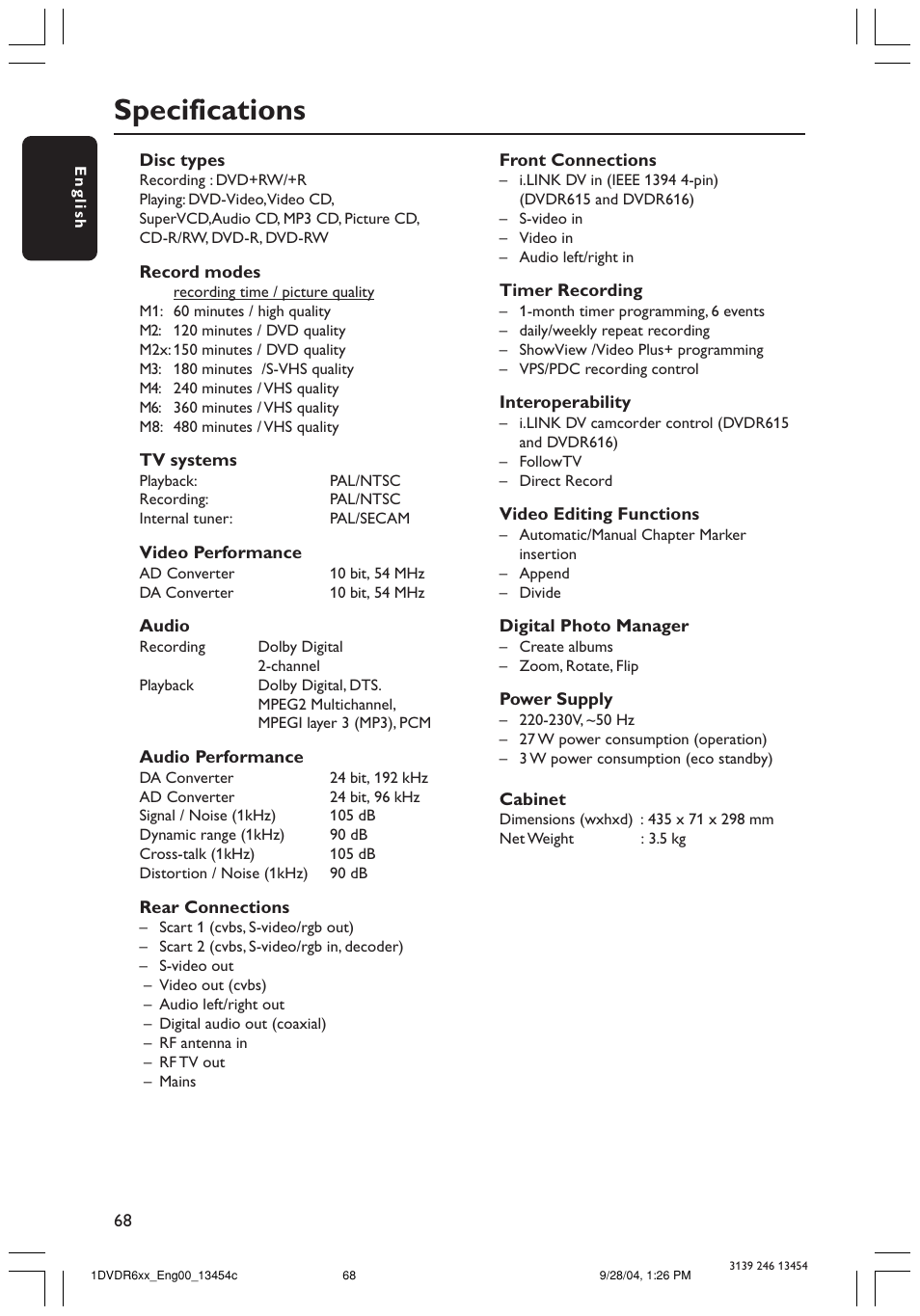 Specifications | Philips ShowView DVDR612/97 User Manual | Page 70 / 74