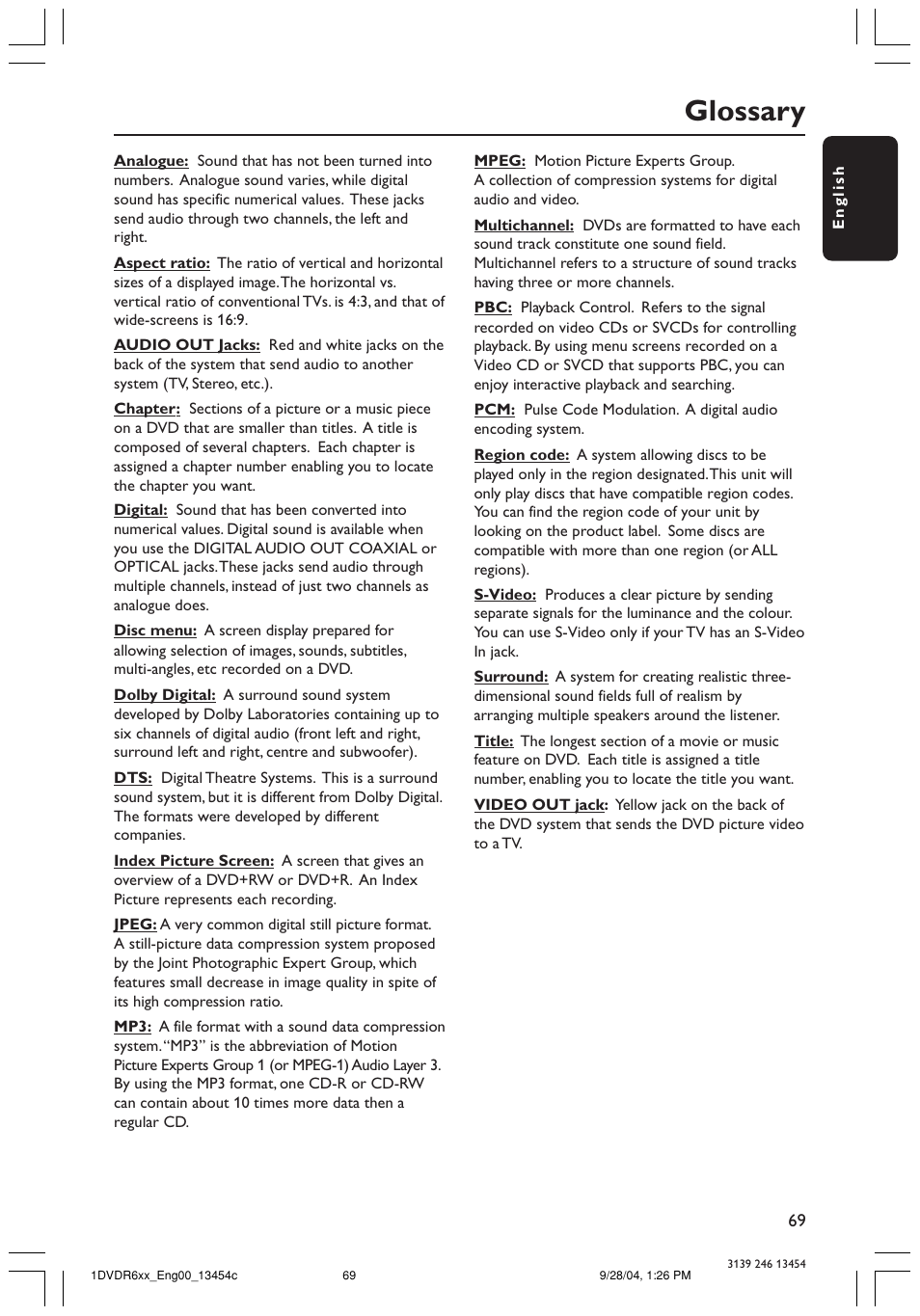 Glossary | Philips ShowView DVDR612/97 User Manual | Page 71 / 74