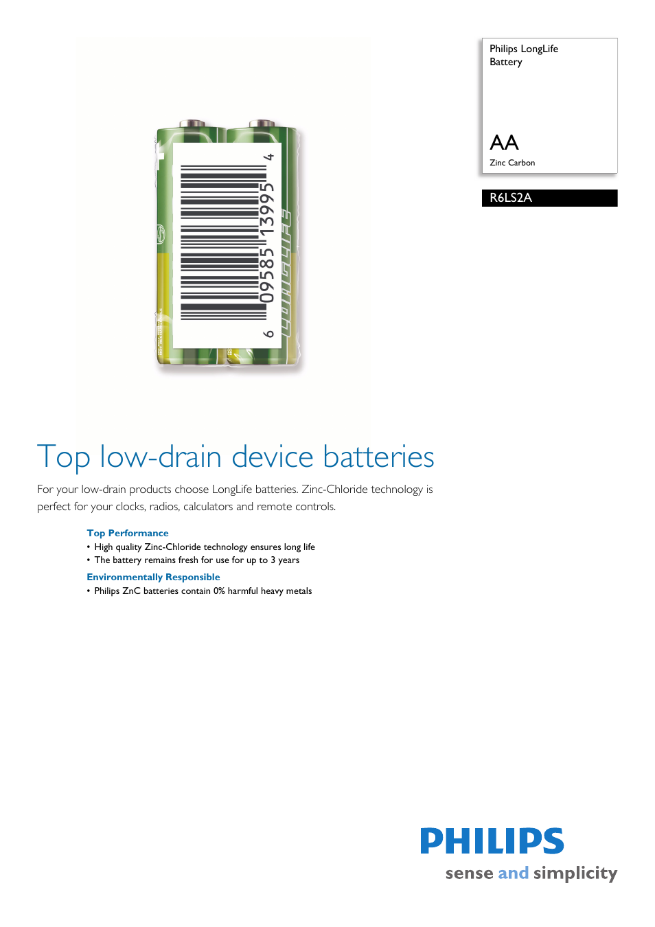 Philips LongLife R6LS2A User Manual | 2 pages