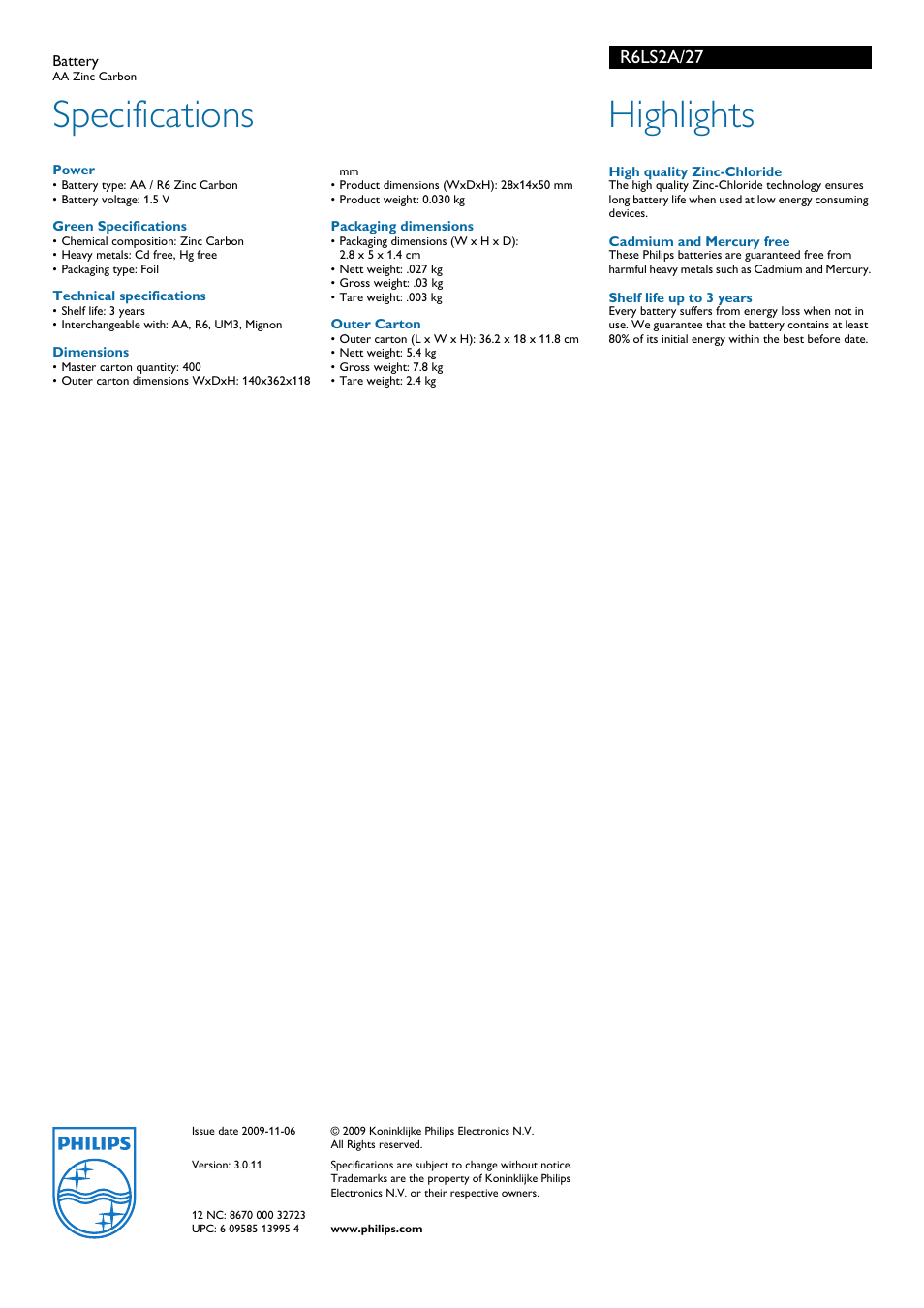 Specifications, Highlights, R6ls2a/27 | Philips LongLife R6LS2A User Manual | Page 2 / 2
