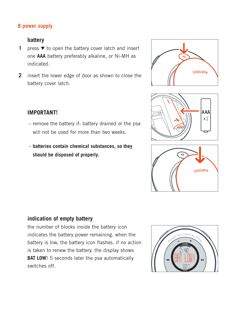 Battery, Important, Indication of empty battery | 8 power supply | Philips 128max User Manual | Page 8 / 31