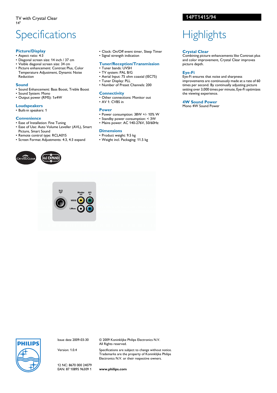 Specifications, Highlights | Philips 14PT1415 User Manual | Page 2 / 2