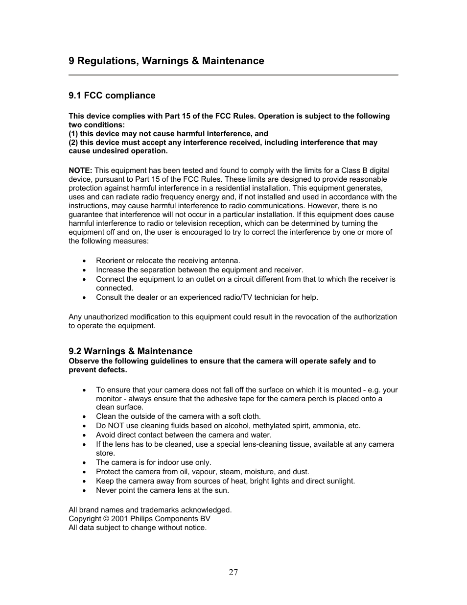 9 regulations, warnings & maintenance | Philips PCVC740K99 User Manual | Page 27 / 30