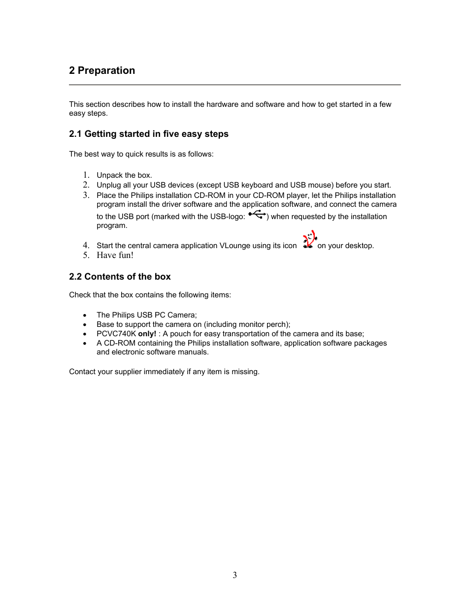 2 preparation | Philips PCVC740K99 User Manual | Page 3 / 30