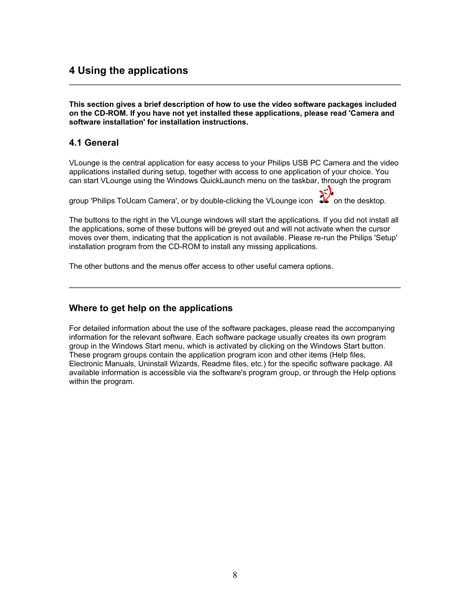 4 using the applications | Philips PCVC740K99 User Manual | Page 8 / 30